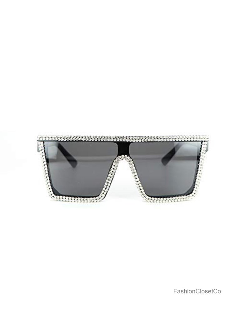 Oversized Square Bling Rhinestone Flat Top Sunglasses, Uv400 Protection,